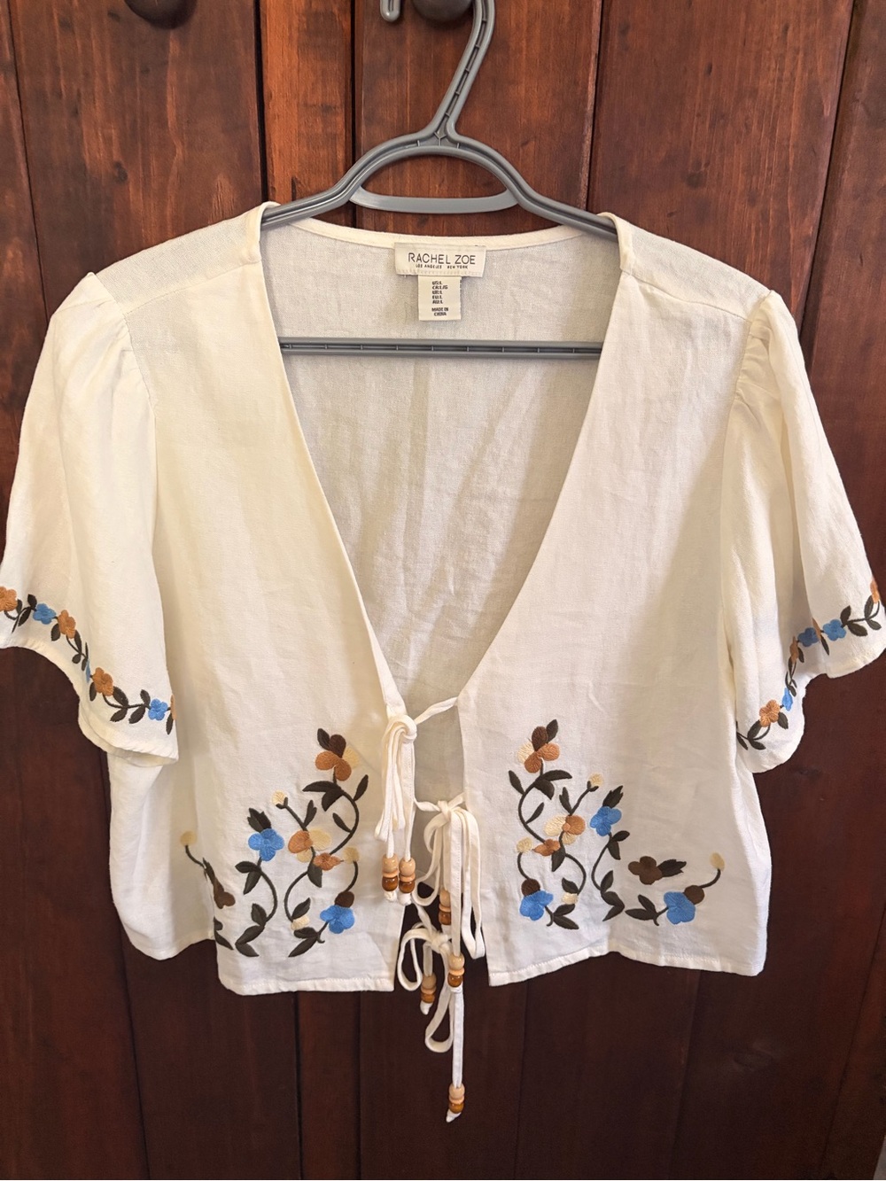 Rachel Zoe Cream Tie-Front Embroidered Floral Tunic